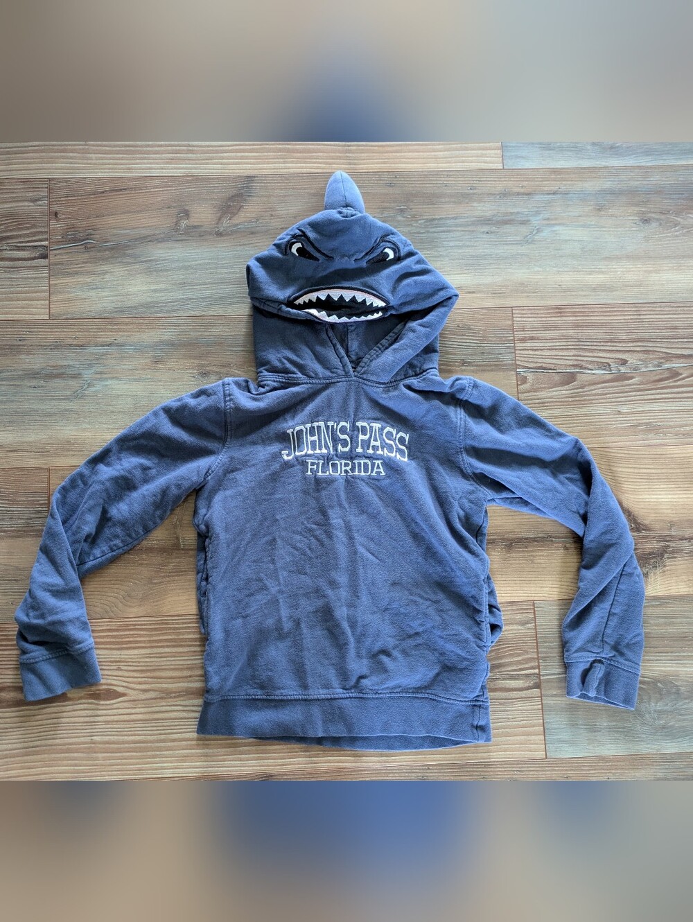 John's Pass Florida Embroidered Blue Long Sleeve Youth Shark Hooded Sweatshirt